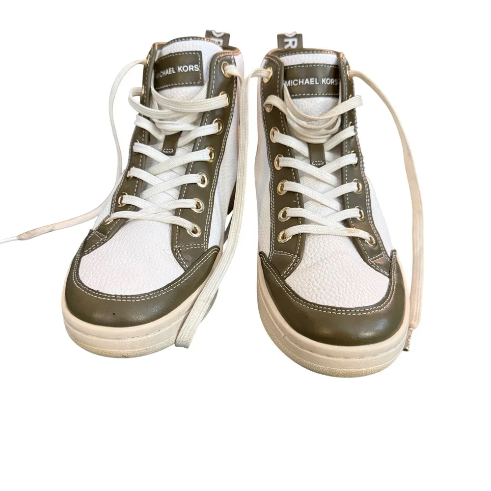 Michael Kors Shea Mid High-Top‎ Two-Tone Lace-Up Sneaker Olive/White 9.5M